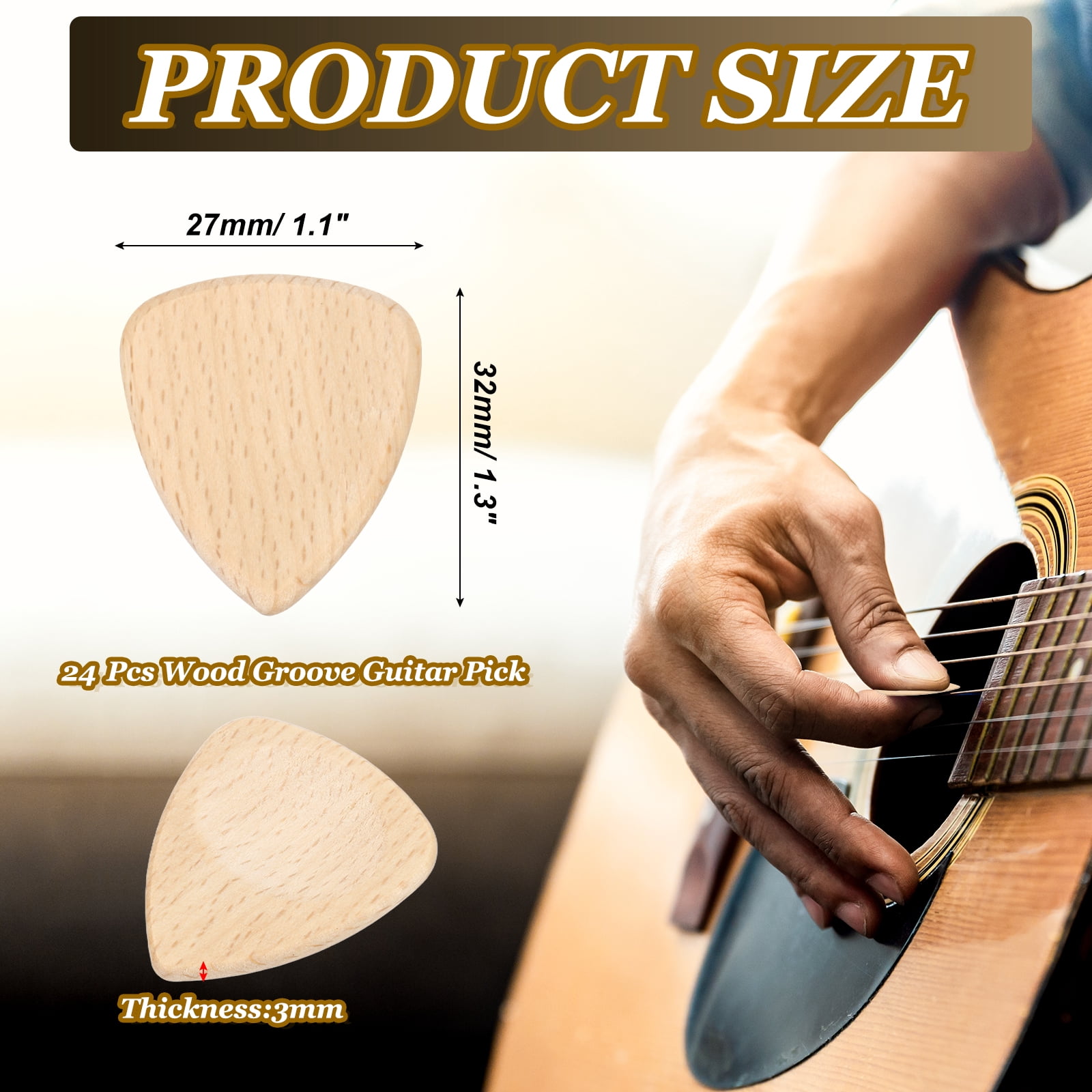 Uxcell 24 Pcs Wood Guitar Pick, 3.0mm Ultra Heavy Gauge Beech Wood Groove Shape Guitar Picks for Electric and Acoustic Guitars, Light Tawny