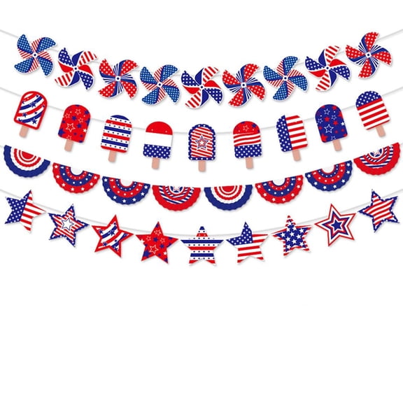 Pack Of 11 Piece Independence Day Pull Flag Banner, Red White Blue Star Bunting Garland Decoration, Patriotic Holiday Venue Wall Hanging Decor For Indoor Outdoor Party Events For