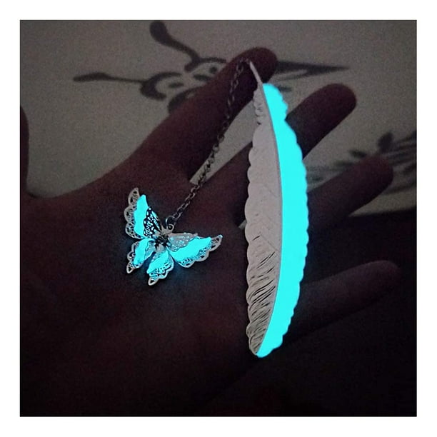 Marcapáginas de metal con plumas y colgante de mariposa 3D, marcapáginas único que brilla en la oscuridad, (mariposa plateada)