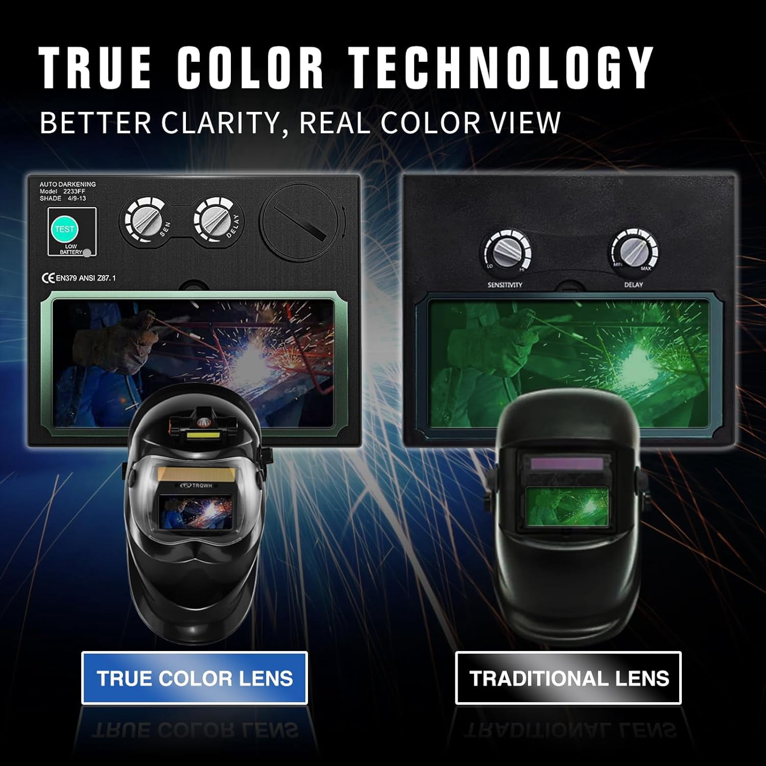 Welding Helmets for Men Solar Power True Color Auto Darkening Welding Helmet with Light, 2 Arc Sensor Wide Shade 9-13 Welding Hood with Extra Grinding Mode (Black)
