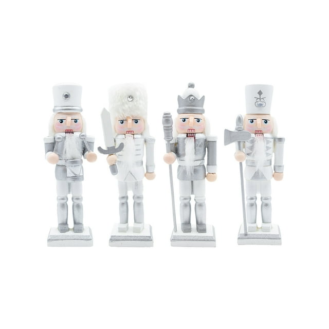 Set 4 Cascanueces De Madera 13cm Blanco Y Plateado Navideños