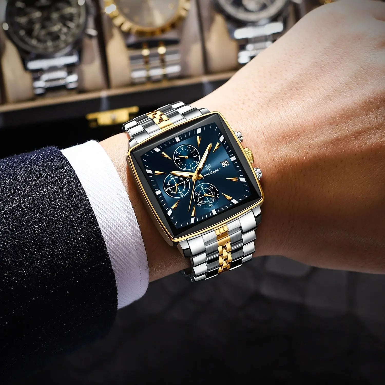 POEDAGAR Luxury Square Sport Man Wristwatch Waterproof Chronograph Stainless Steel Quartz Men's Watches