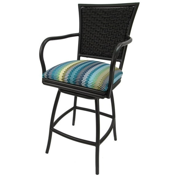 Outdoor Counter Patio Bar Stool 26" Erin - Aqua (Blue) Stripe - Black