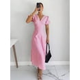 thumbnail image 3 of Pink And White Striped V-Neck Petal Sleeve Midi Dress For Women, 3 of 7
