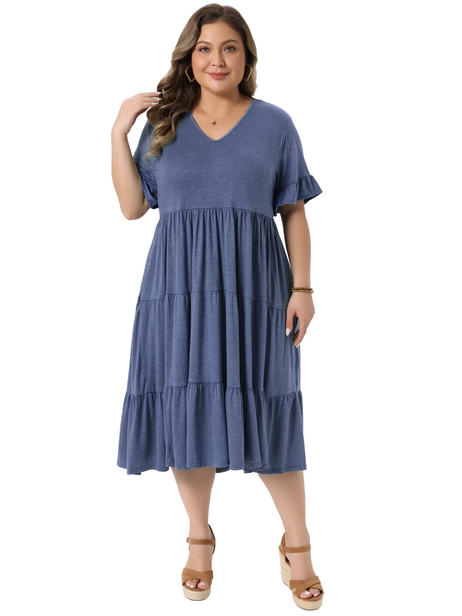DARING DIVA Women's Plus Size Babydoll V Neck Ruffle Sleeve Swing Tiered Dress 3X Blue