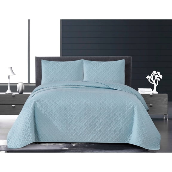 MallenHome Quilt Set Aque Color Full/Queen Size (90"x90") - Basketweave Pattern Bedspread - Soft Microfiber Fabric Lightweight Coverlet for All Season - 3 Piece (Includes 1 quilt, 2 shams)