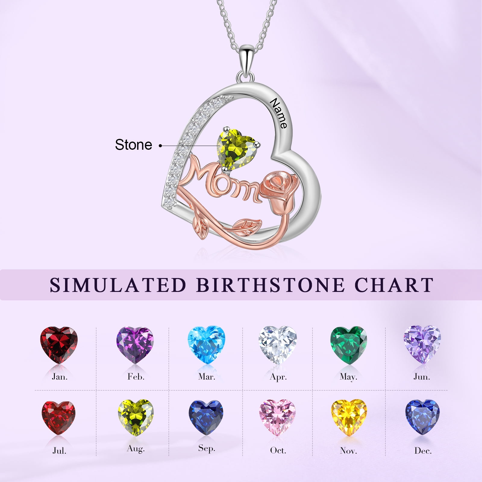 Mementos Customized Brass Heart Family Women's (Mother's) Necklace with Birthstone and Name
