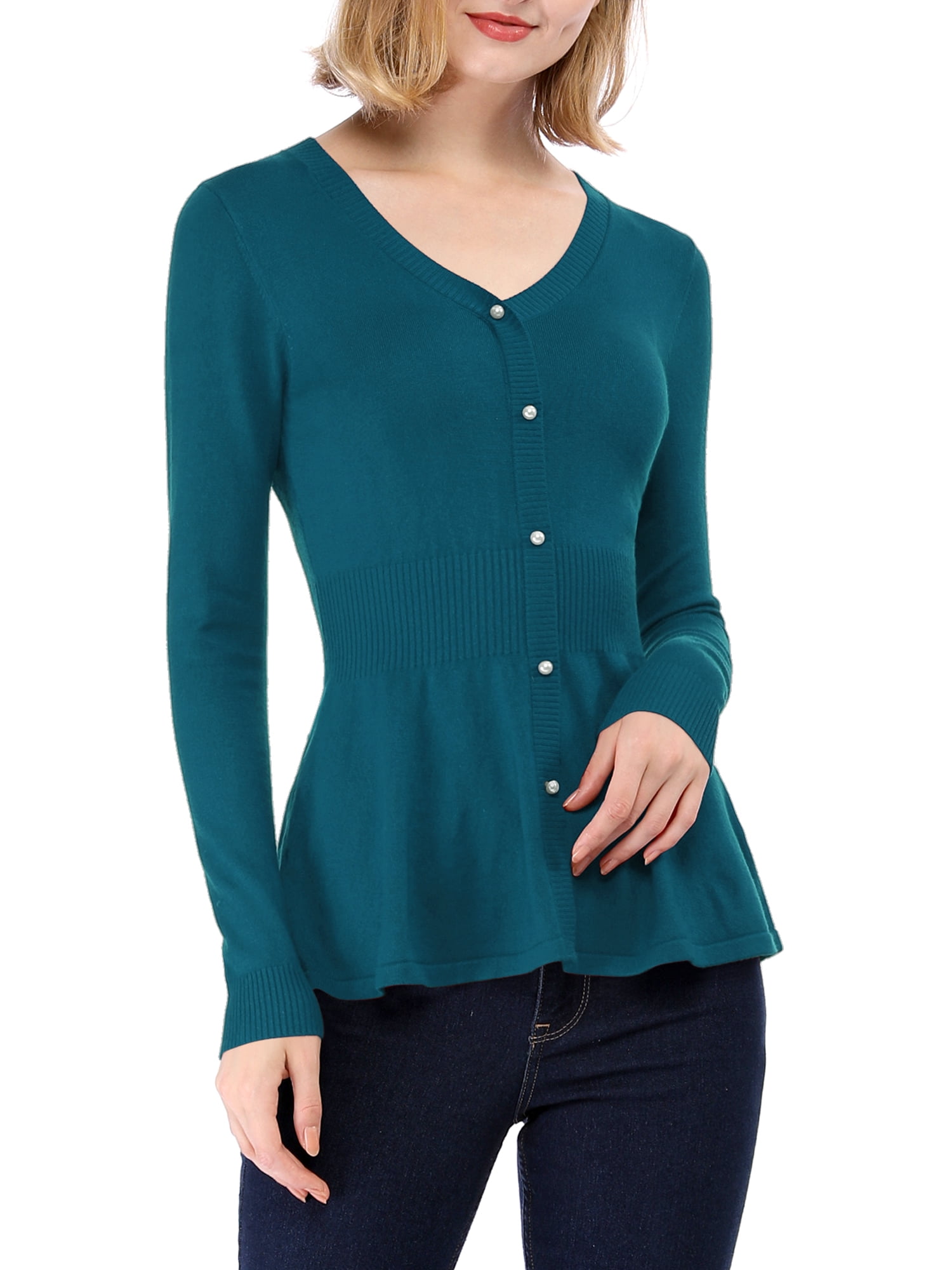 DARING DIVA Women's Peplum Top Smocked Long Sleeve Knit Sweater S Blue Green