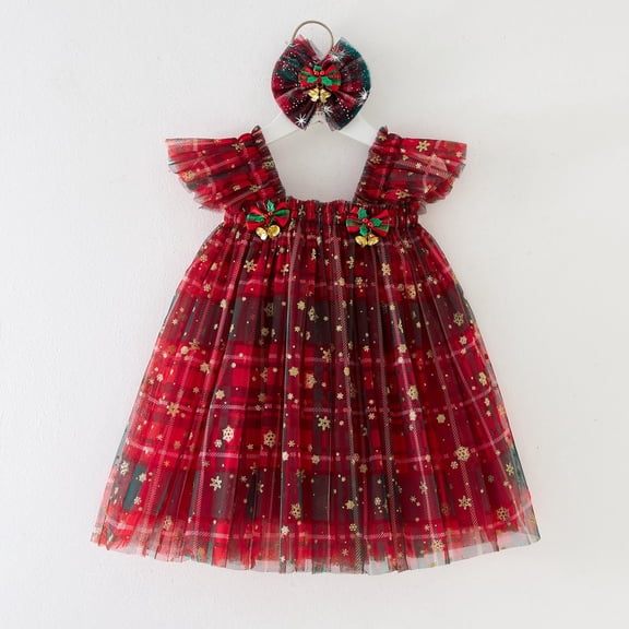 NAISIBABY Girls Tutu Dress, Ruffles Sleeve Glitter Snowflake Mesh Princess Tulle Dress Party Christmas Clothes Red 6T