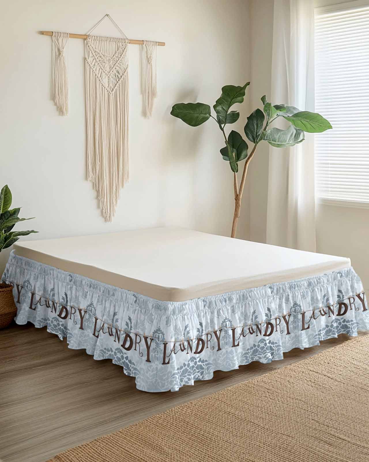 Laundry Bed Skirt Vintage Flower Country Style Bed Skirts Queen Size 16 Inch Drop, Wrap Around Dust Ruffle&nbsp;Bedskirt with Adjustable Elastic Belt for Queen Size Beds