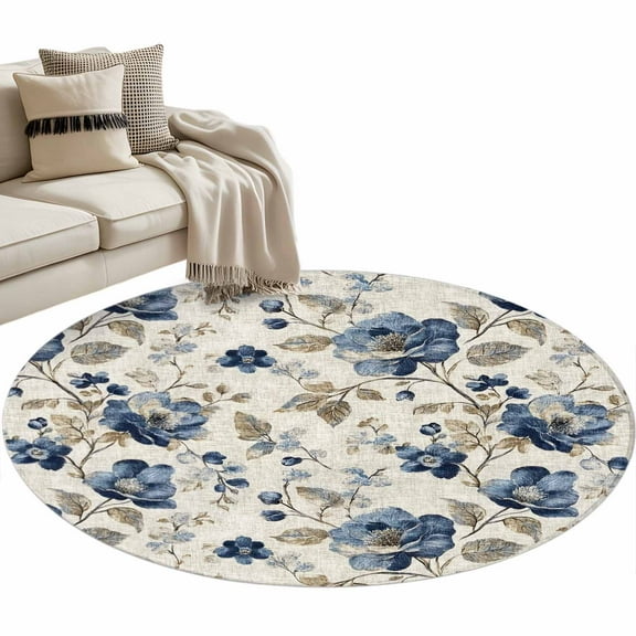 Blue Gray Spring Floral Round Area Rug 3 FT, Small Kitchen Bathroom Mat, Vintage Botanical Washable Indoor Outdoor Throw Runner Carpet Non-Shedding Doormat for Table Shower Sofa Entryway