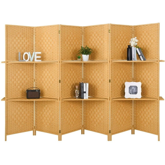 Mecor 6 ft.Tall-Extra Wide Diamond Weave Fiber 6 Panels Room Divider,6 Panel Folding Screen Privacy, Partition Wall, Room Dividers with 2 Display Shelves,Light Beige-6 Panel, 2 Shelves