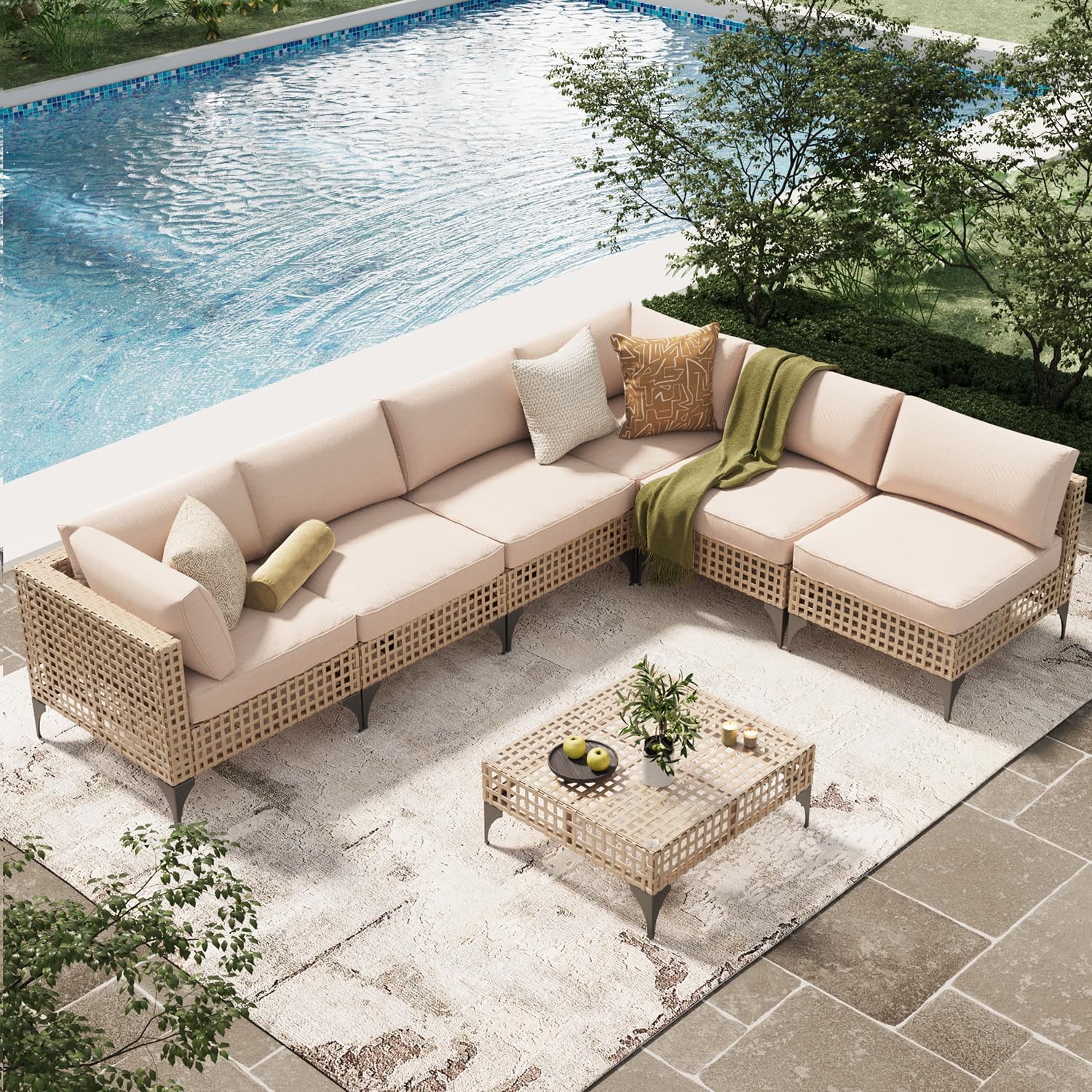 YODOLLA 7-Piece Patio Furniture Set with Coffee Table, Rattan Wicker Outdoor Sectional Sofa Couch Conversation Set in Light Brown Rattan&Beige Cushions