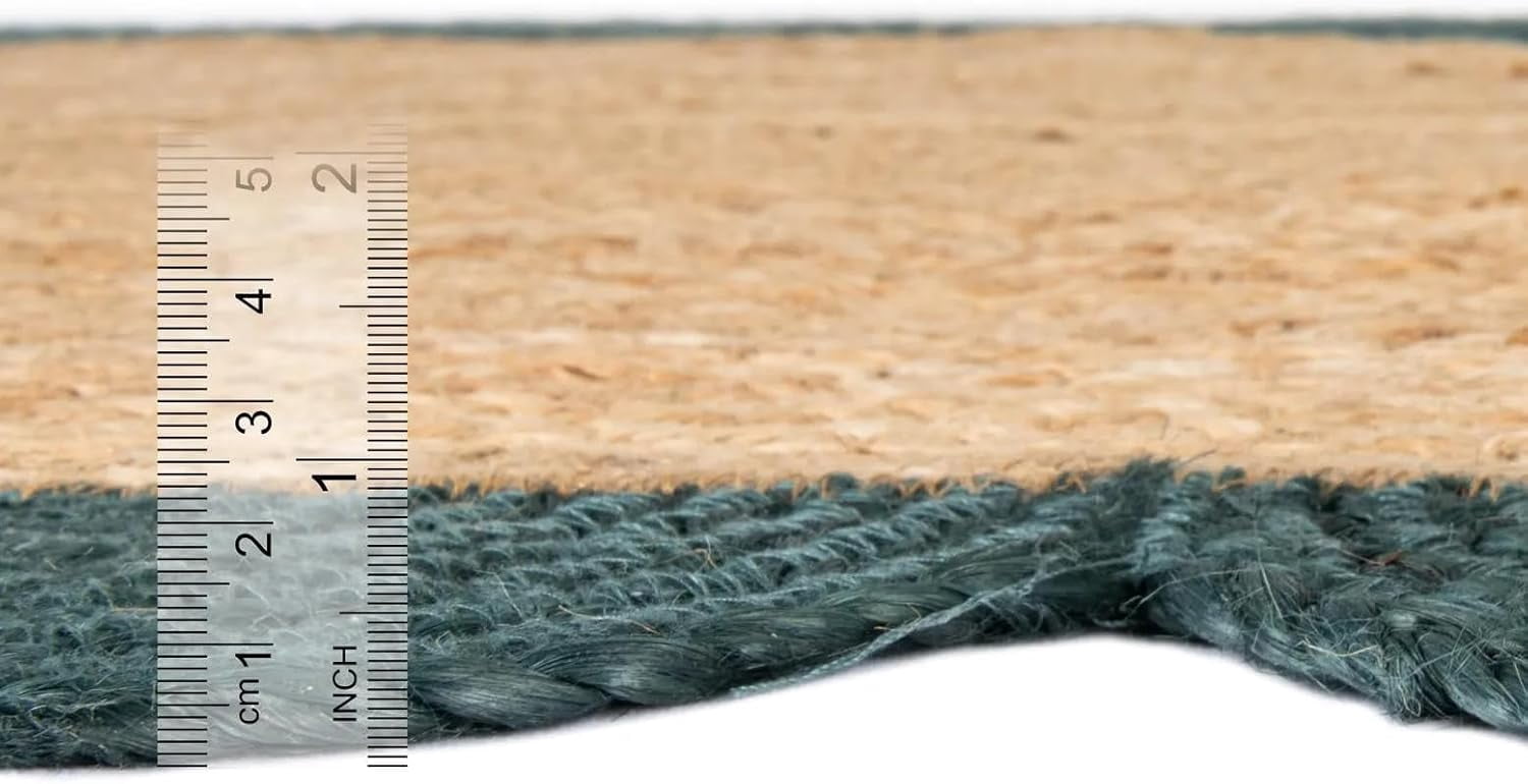 Indian Handmade Braided Natural Jute with Green Border Scalloped Area Rug 7 x 7 Feet Round (213 cm x 213 cm), Home Decor Rugs