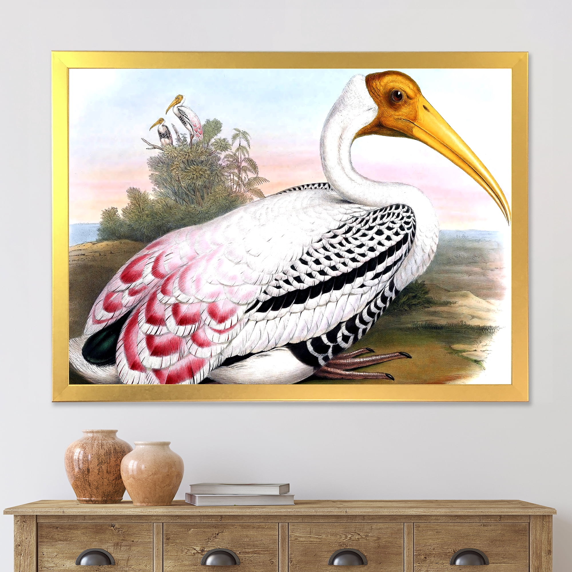 Designart 'Vintage Countryside White Birds' Farmhouse Framed Art Print