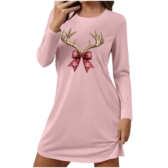 FAWUUDO Christmas Dresses for Women Cute Graphic Nightgown Loose Crewneck Nightshirts Long Sleeve T-Shirt Dress Sleepwear