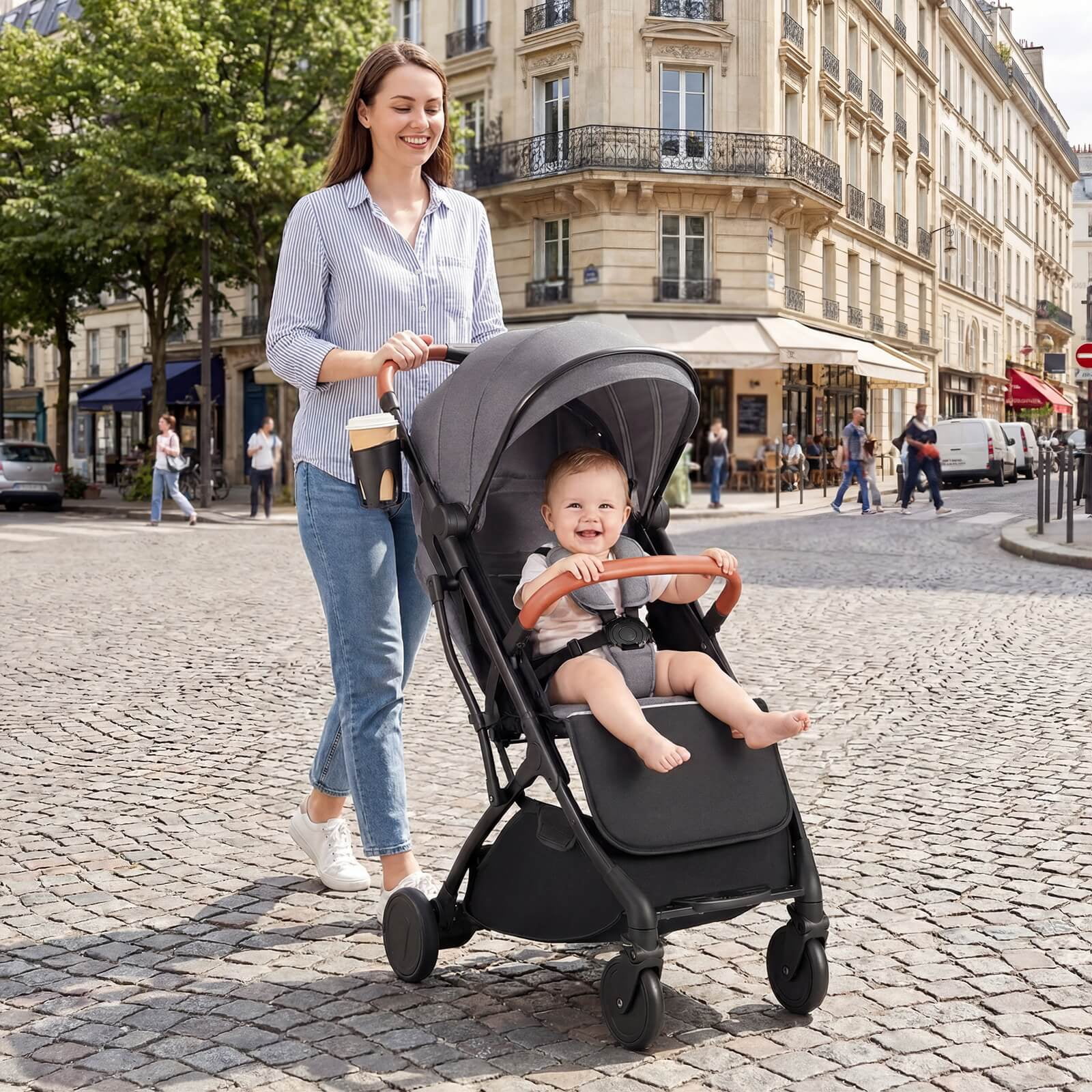 Infans Lightweight Baby Stroller w/One-Hand Folding, Extendable Canopy, Storage Baske