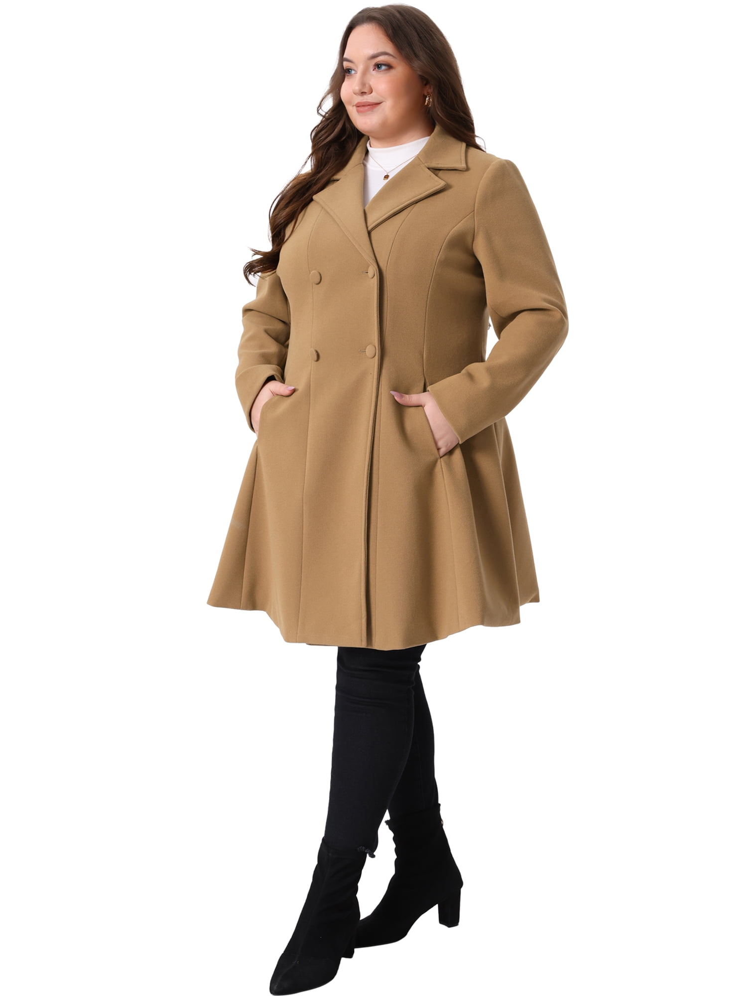 DARING DIVA Women's Plus Size Notch Lapel Double Breasted A Line Peacoat 1X Camel