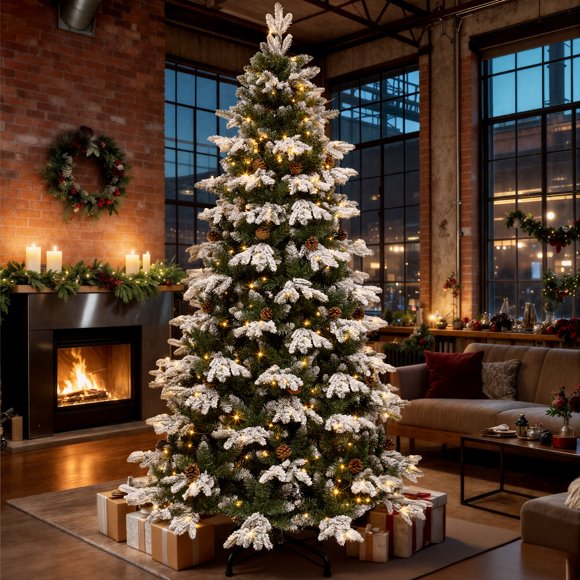 DEXTRUS Arbre de Noël Artificiel Pré-Illuminé de 6 Pi avec 900 Extrémités de Branches Mixtes en PE et PVC, 29 Pine Cones et 300 Lumières, Arbre de Noël Floqué à Étages Pré-Décoré avec Télécommande et Lumière à 11 Modes