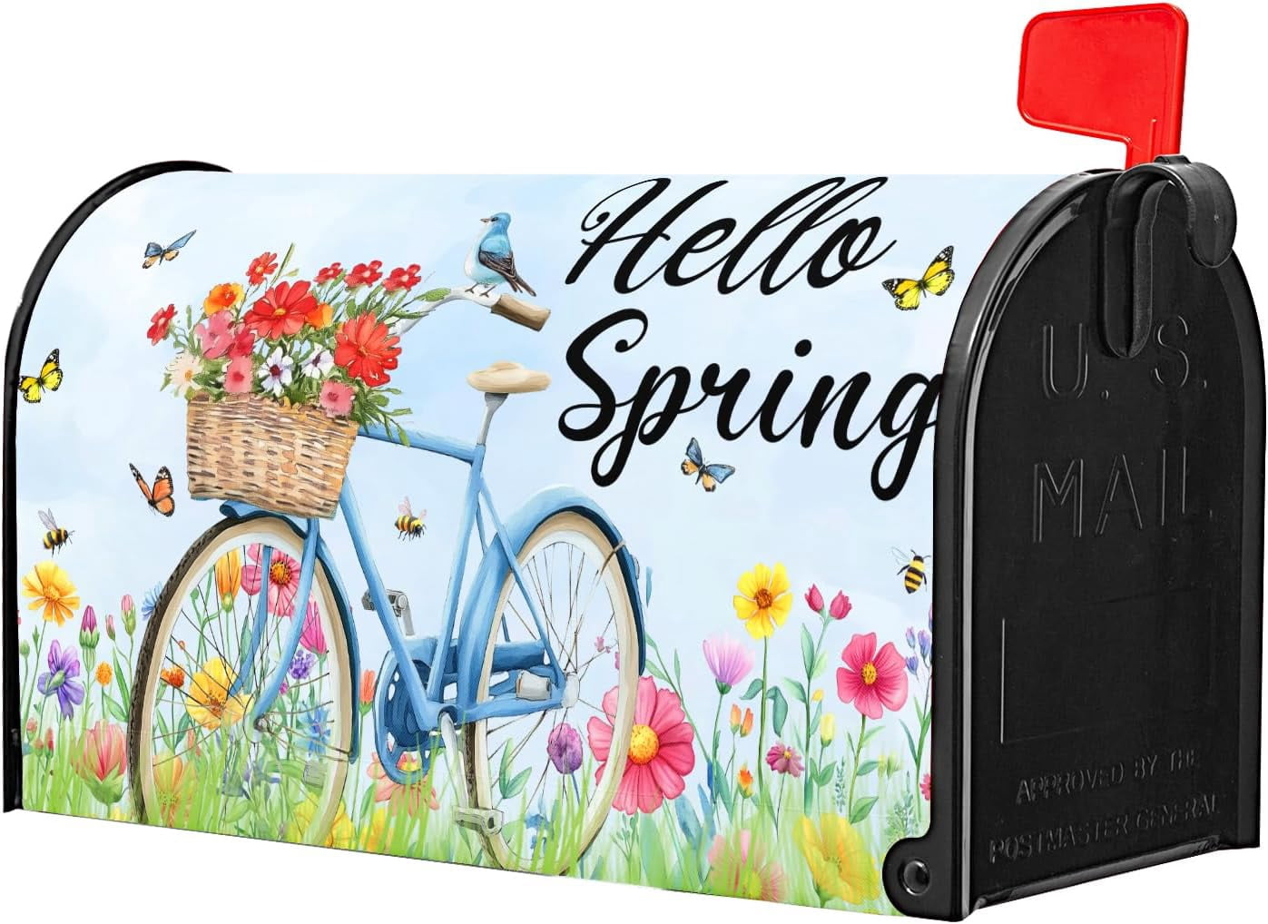 Spring Floral Magnetic Mailbox Cover Blue Flower Bird Mailbox Cover Magnetic Standard Size 21 X 25.5 Inch Butterfly Mailbox Post Cover Mailbox Wraps Mailbox Decor for Home Garden Outdoor Yard