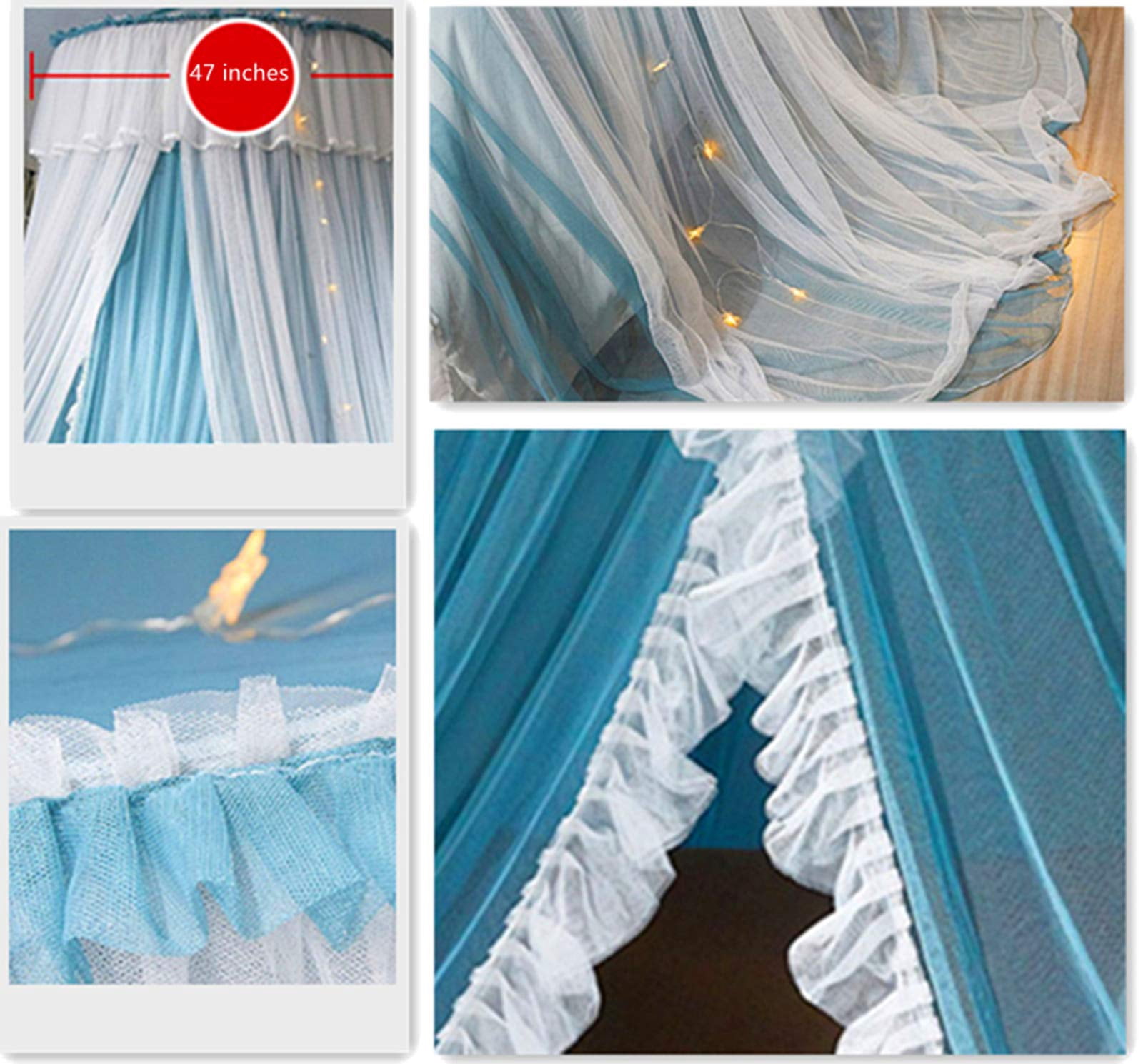 Princess Bed For Curtain- Double Layer Sheer Mesh Dome Round Lace Mosquito Net Tent(blue/white)
