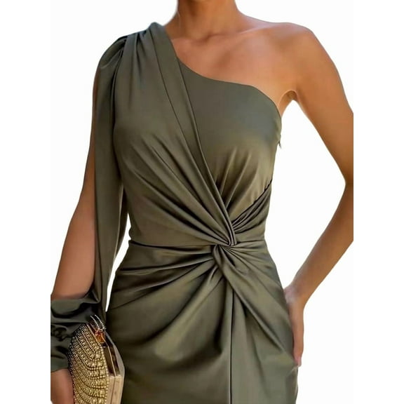 Women'S One Shoulder Long Sleeve High Split Cocktail Wedding Party Maxi Dress Army Green L
