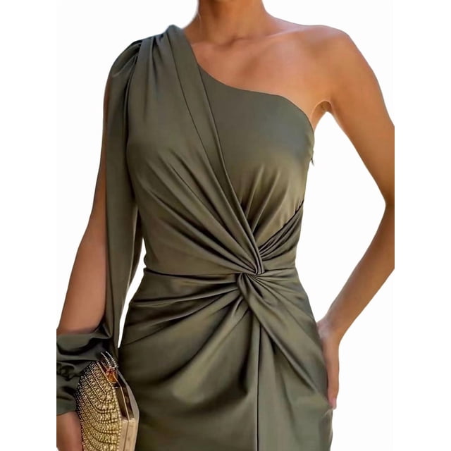Vestido de Cóctel para Mujer, con un Solo Hombro, Larga y Abertura Alta, para Fiesta de Boda Verde XL