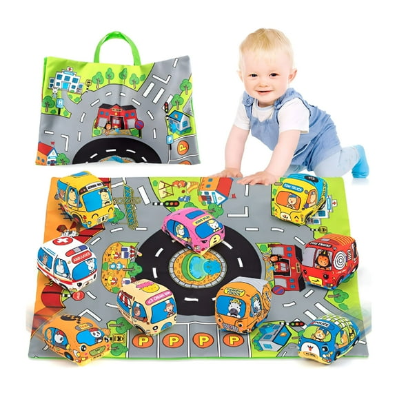 BESTSKY Car Plush, Soft Car Toys For 1 Year Old Boy Baby Boy Toys 6 To 12 Months 12-18 Months Kid Toy Cars For 1 Year Old Boys Infant With 1 Mat/Storage Bag 1st Birthday Gifts