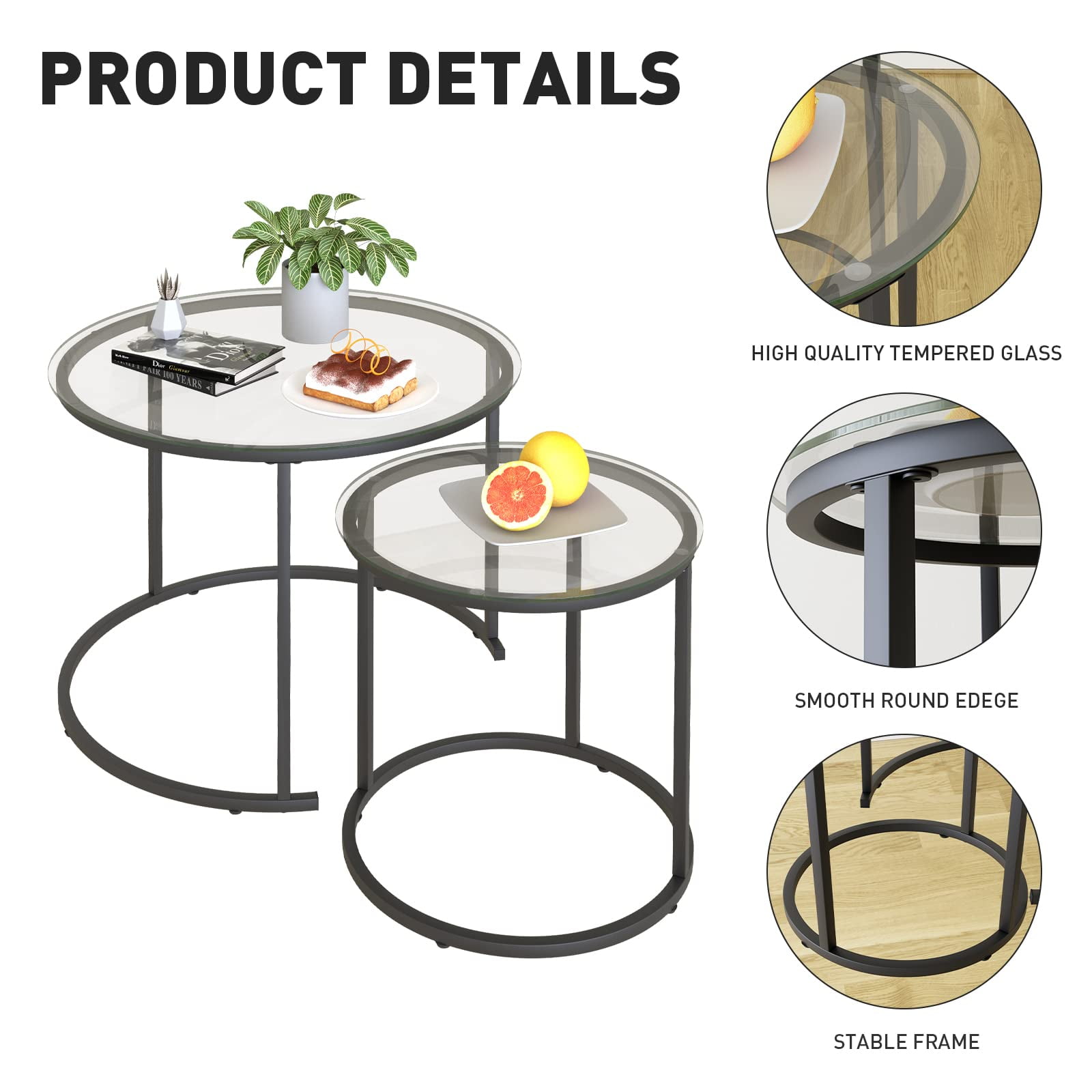 Nesting Coffee Table Set of 2,Modern Black Tempered Glass Side Table, Metal Frame Round End Table.Small Glass Tea Table for Living Room,Bedroom Studio Apartment Essentials，17.7IN