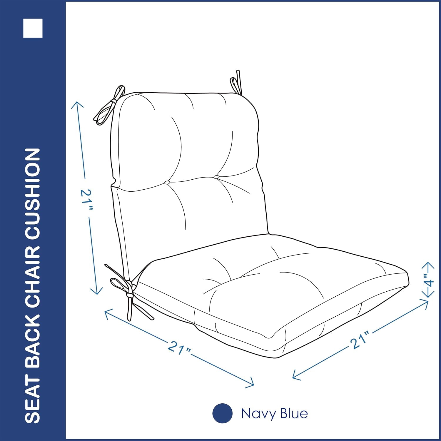 Outdoor Indoor Seat/Back Chair Tufted Cushion,All-Weather Patio Chair Cushion with Ties,for Patio Furniture,Navy Blue