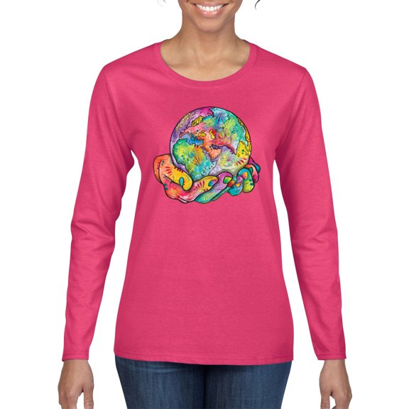 Wild Bobby Rainbow Painted I've Got The Whole World Dean Russo Design Inspirational/Christian Women Graphic Long Sleeve Tee, Fuschia, X-Large