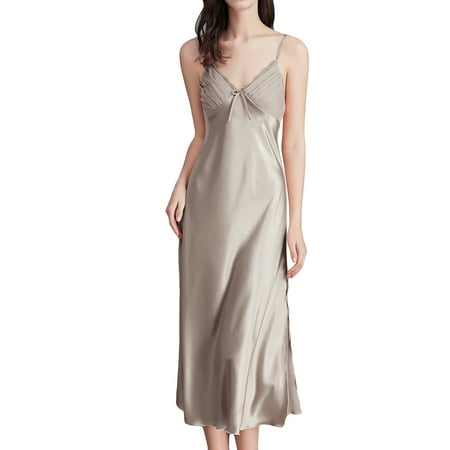 Defitshape Women s Sexy Nightgown Side Splits Chemise Lingerie Satin Lace V Neck Full Slip Sleep Dress Lounge Slits Cami Sleeveless Silk Maxi Nightwear Spaghetti Strap Khaki Large