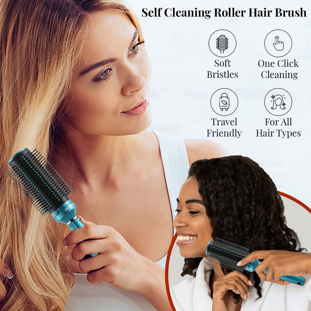 Hair Brushes for Women - Curly Hair Blow Dryer Brush Self Cleaning Detangler Round Brush for Blow Out - Roller Retractable Travel Blue Christmas Gifts