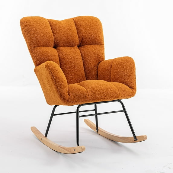 Modern Rocking Chair Teddy Upholstered Glider Rocker Rocking Accent Chair Padded Seat with High Backrest Armchair Comfy Side Chair for Living Room Bedroom Offices Orange
