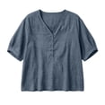 thumbnail image 4 of Zynoxe Womens Casual Cotton Linen Tops for Daily Wear Solid Color Button V-neck Short Sleeve Tops Peasant Gauze Loose Versatile Plus Size Tops Blue XXL, 4 of 8