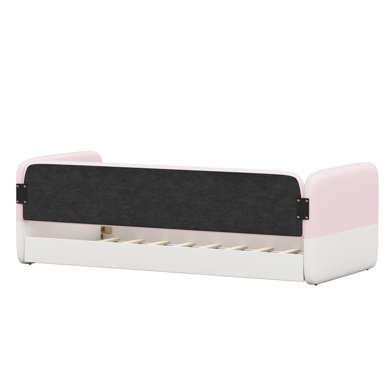 Twin Size Kids Low Profile Platform Floor Bed with Headboard and Armrests, Velvet Upholstered Child Daybed Frame with Guardrail