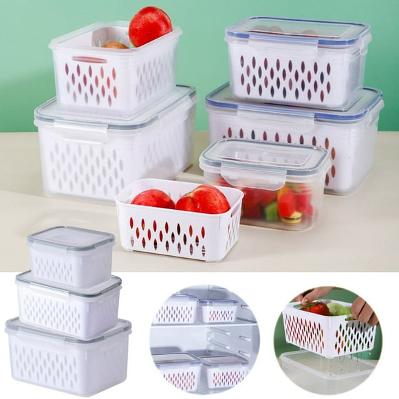 Fiudx Recipientes para Almacenar Frutas y Verduras, Tapa Hermética, Colador Extraíble, Diseño Compacto, Organizador para El Refrigerador, Sin Bpa, Aptos para Microondas y Lavavajillas, Juego de 3 Tam