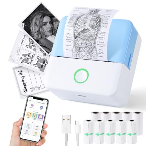 Mini impresora Print Pods, impresora térmica sin tinta para pegatinas con 10 rollos de papel, Printpod de bolsillo para teléfono, impresora portátil para notas, tarjetas didácticas, diario, bricolaje,