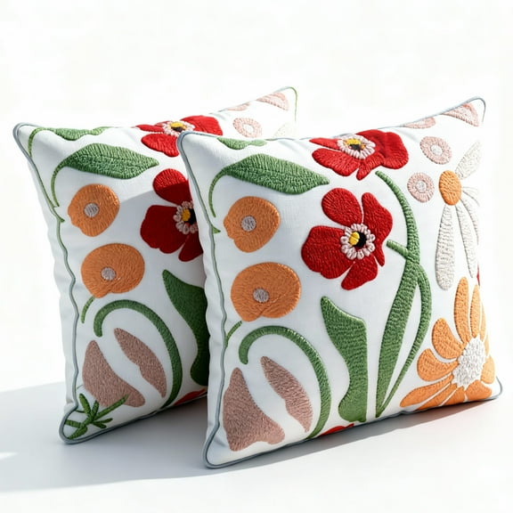 MEHOOM Hand Embroidered Throw Pillow Covers 18x18 Set of 2, Orange Boho Decorative Pillows Covers, Floral Decor Throw Pillow Covers