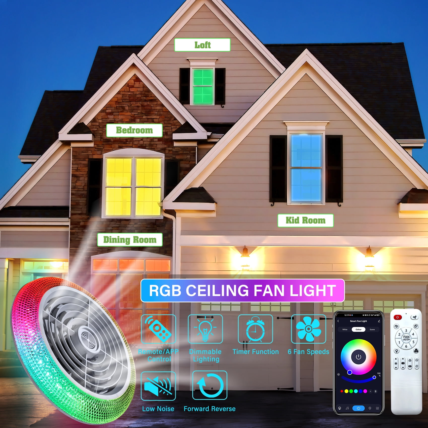 TCFUNDY 16" Smart Ceiling Fan w/ Light, RGB & LED, Smart Control Compatible with Voice Assistant Alexa/Google/Siri, Bladeless Fan w/ 6 Speeds & Reversible, White