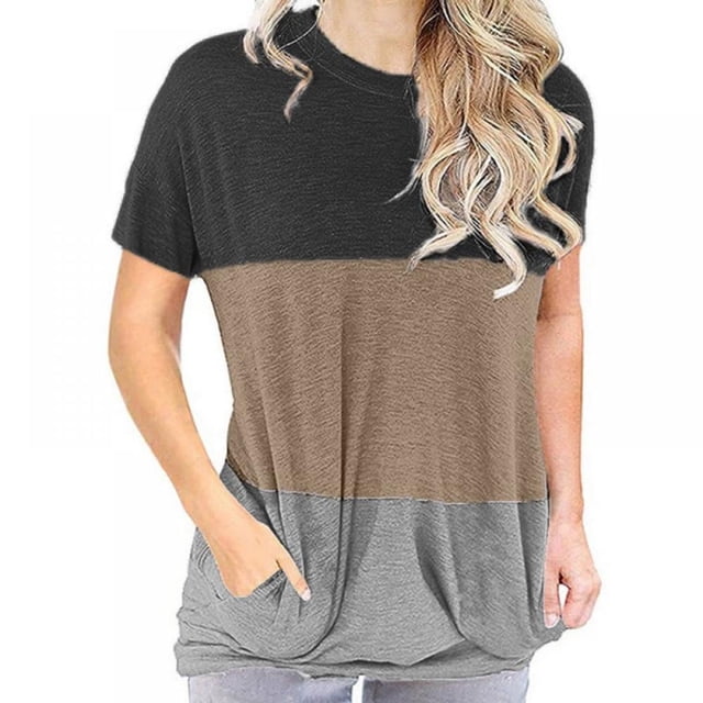 Women‘s T-Shirts Casual Style Color Patchwork Matching Neck Loose Bat Short Sleeve Pocket Tube Tops