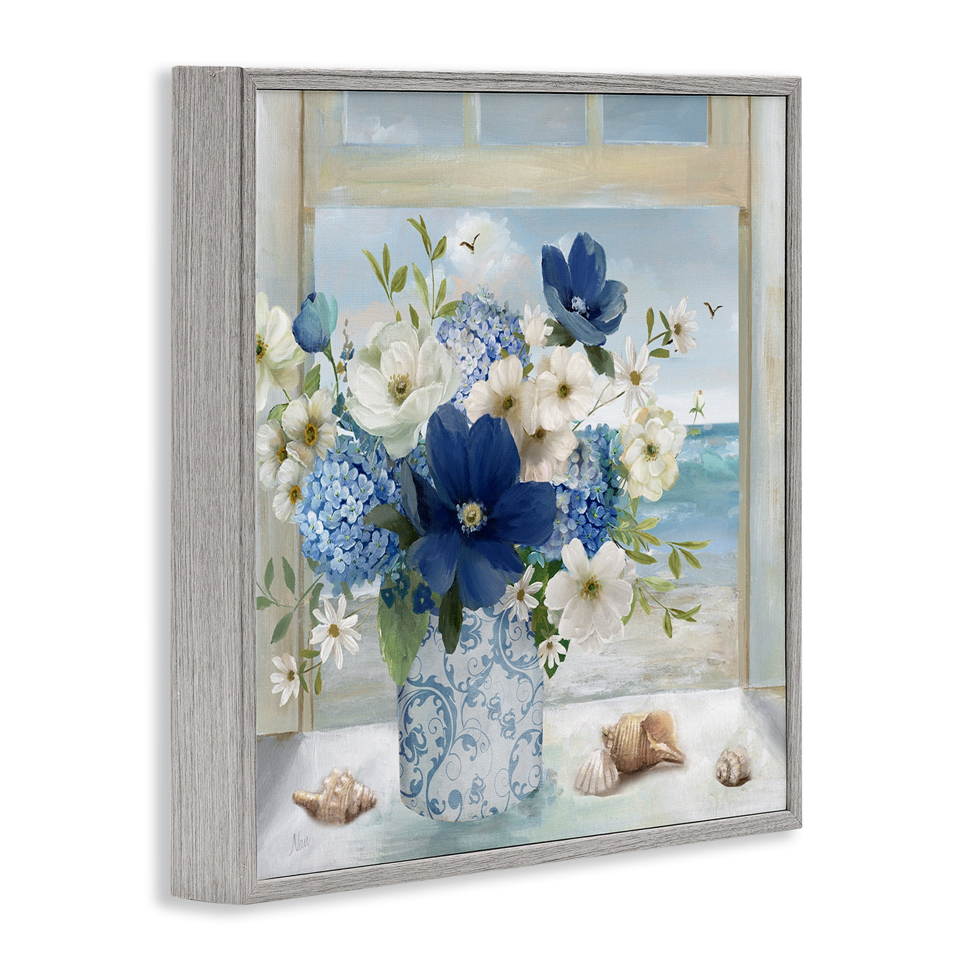 Stupell Industries Seaside Blue & White Arrangement Gray Framed Giclee Art, design by Nan