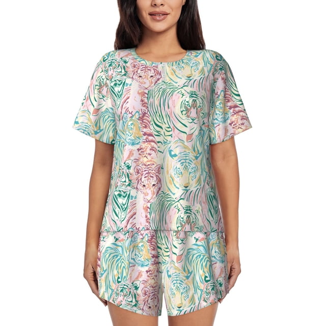Xecao Watercolor Tiger Pattern Women's Short Sleeve Pajama Set Soft Sleepwear Lounge Set with Button Front Top and Drawstring Shorts with Pockets-Small