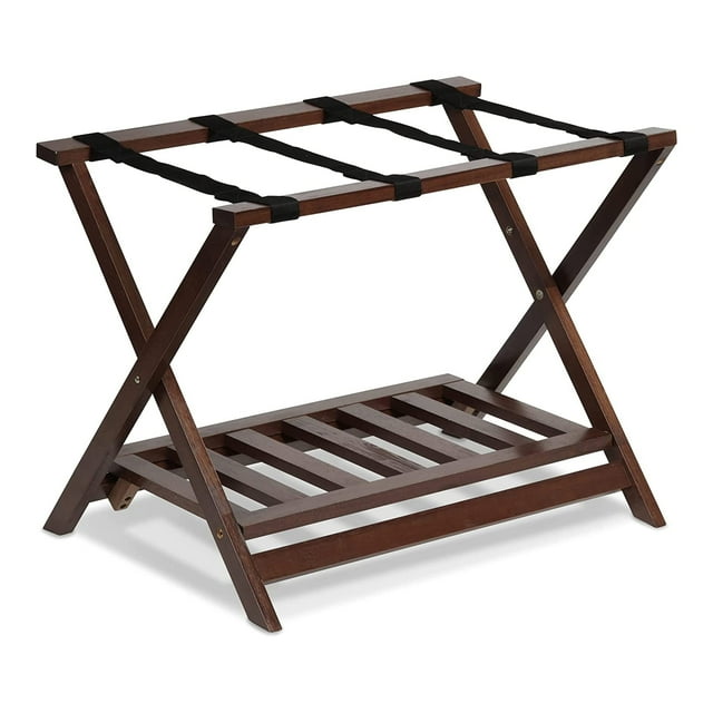 PJ Portaequipajes de madera con estante, soporte de maleta de madera portátil y plegable para dormitorio o armario, nogal