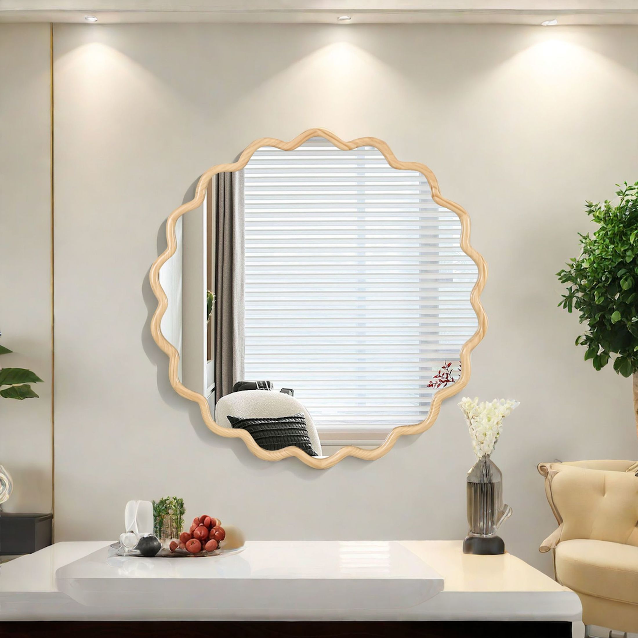 Noble House Wavy Solid Wood Vanity Mirror, Modern Wall Decor for Bathroom, Bedroom, or Entryway, Natural Wood