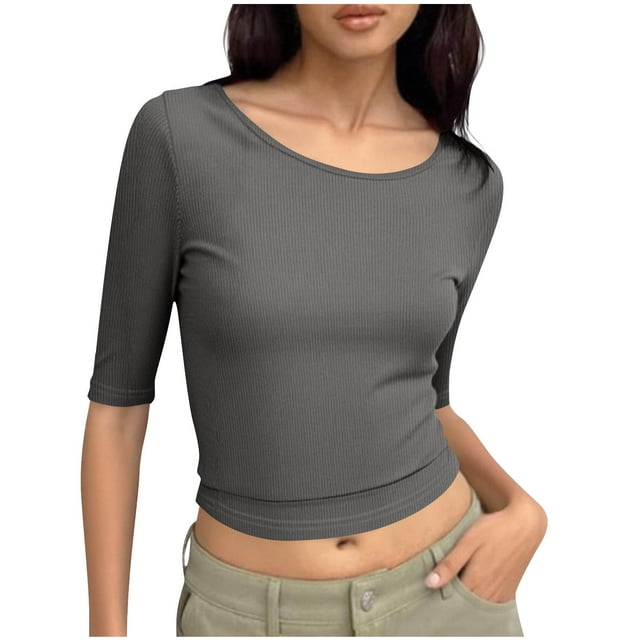 Soki Tops for Women Solid 3/4 Sleeve Slim Fit Fall Round Neck Base Layer Shirts Blouse