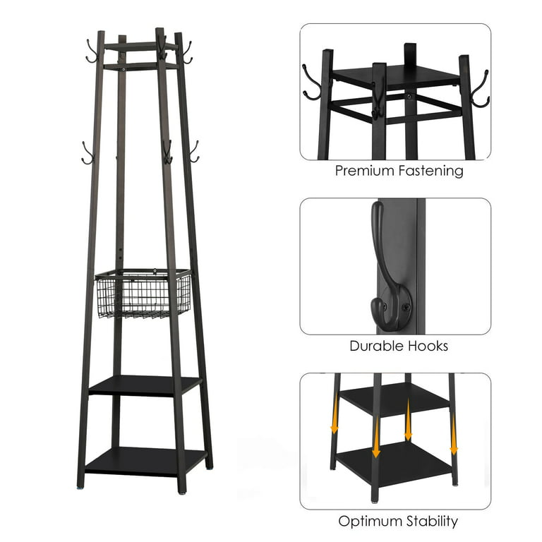 VECELO Black Industrial Coat Rack Freestanding, Clothes Stand with Metal Basket and 2-Shelves, Purse Hanger with 8-Dual Hooks