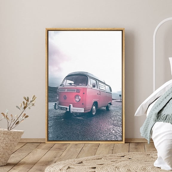 PixonSign Framed Canvas Print Wall Art Pastel Minivan at The Beach Places Ocean Photography Modern Art Nautical Scenic Dramatic Multicolor Ultra for Living Room, Bedroom, Office - 24"x36" Natural