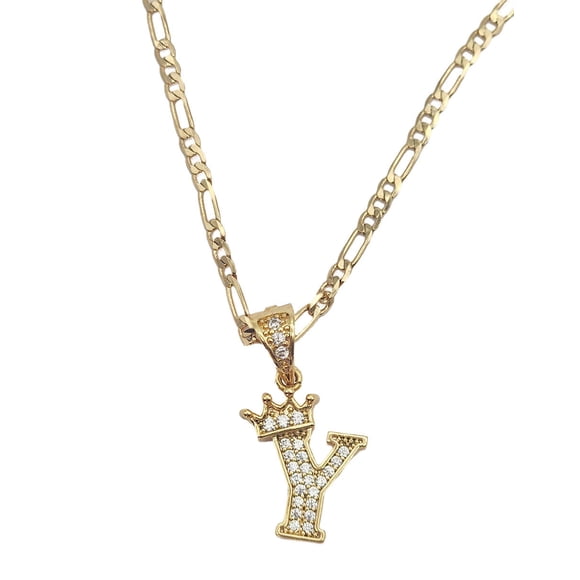 Cadena y dije de brillos con corona de oro laminado letra Y