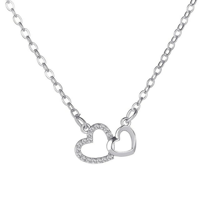 Collier Mode Femme Diamant Amour Double Cœur Pêche Pendentif Chaîne Clavicule